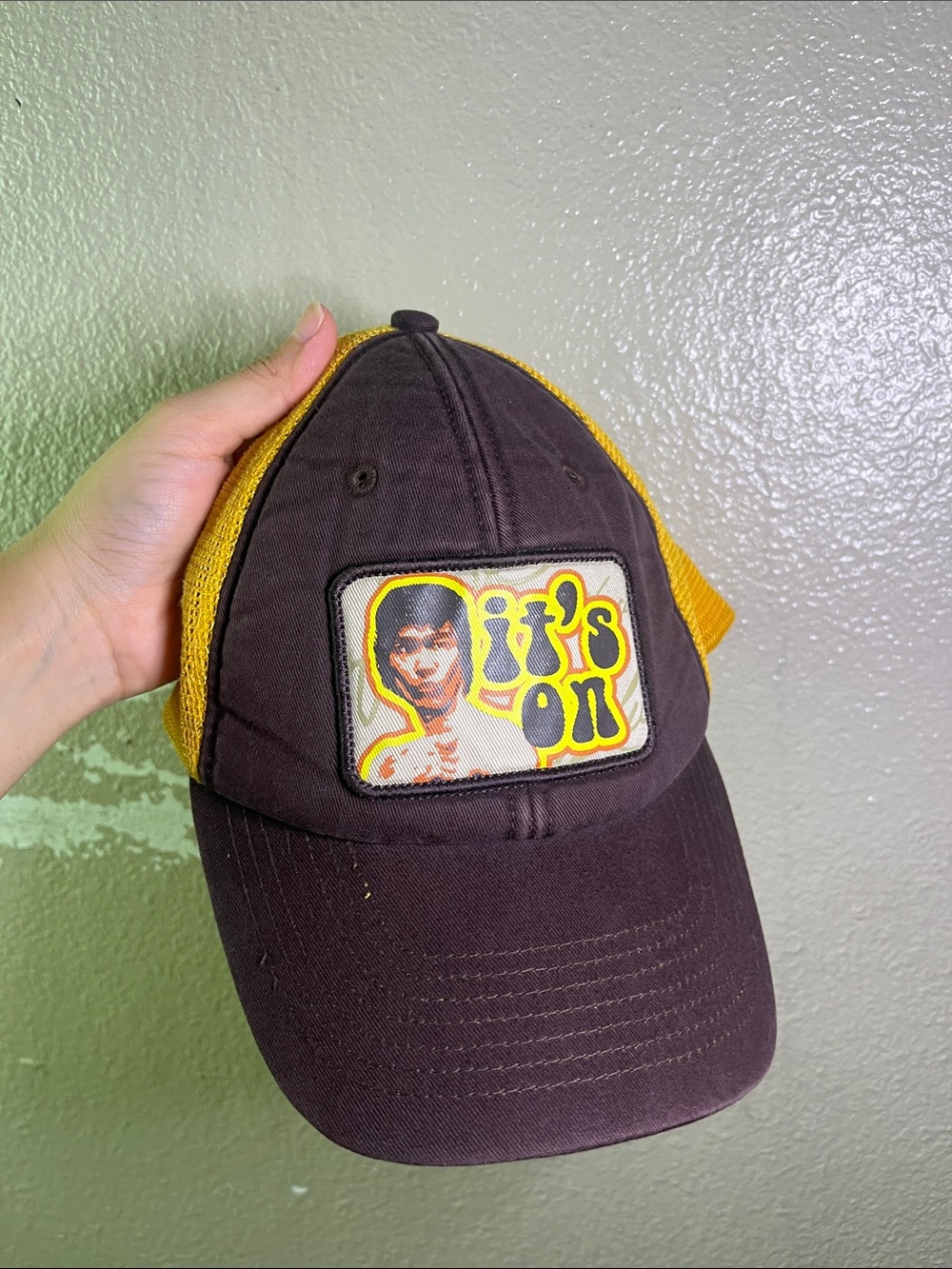 Vintage Bruce Lee Black and Yellow Mesh Trucker Hat with Graphic Patch